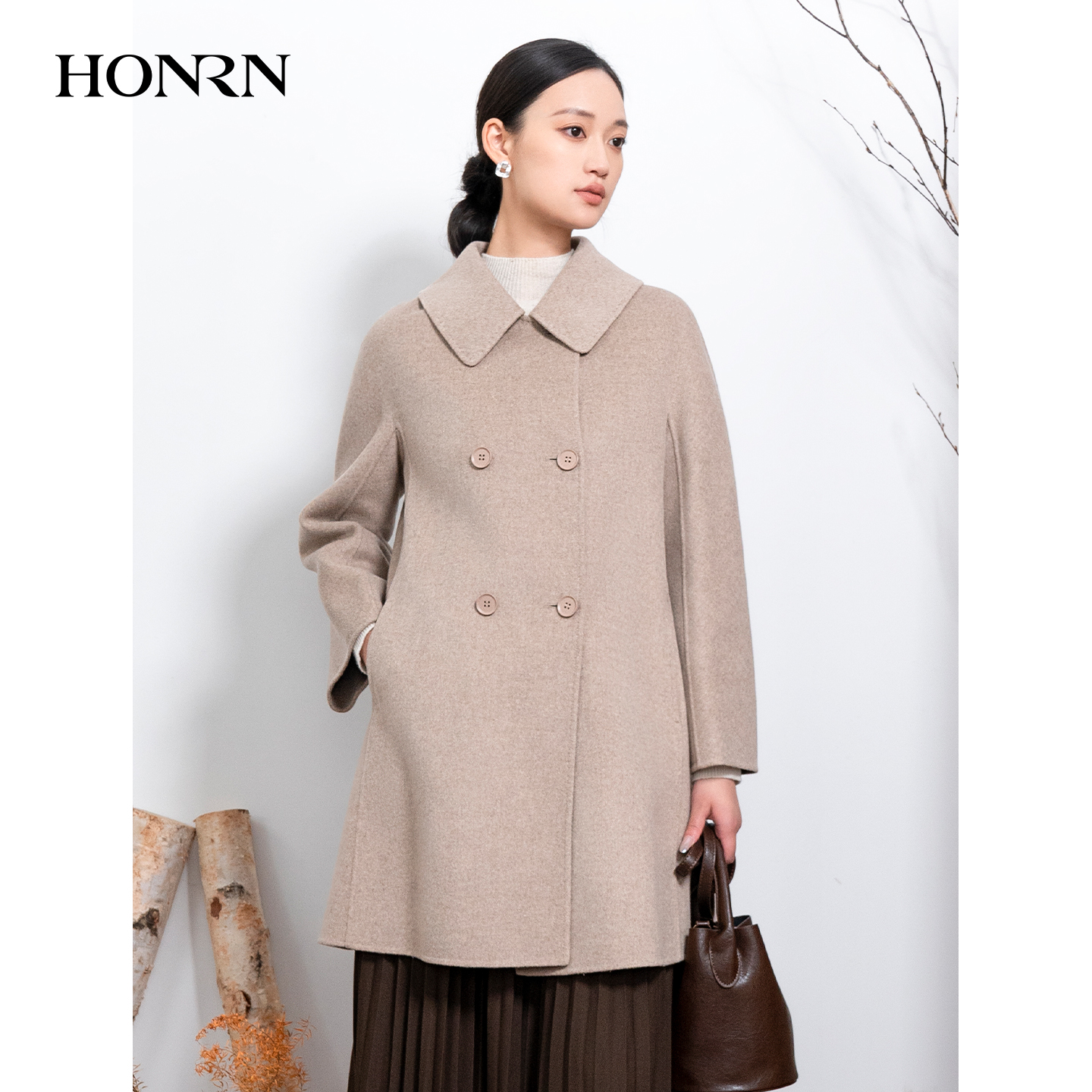 HONRN/红人双面桑蚕丝羊毛呢大衣