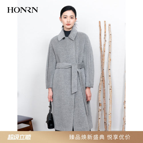HONRN/红人系带羊驼毛羊毛呢大衣