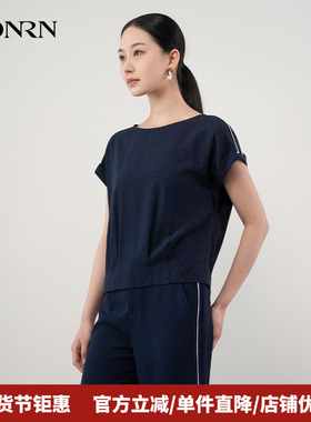 HONRN/红人蓝色桑蚕丝真丝圆领短款短袖印花t恤上衣女夏HH22SY813