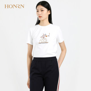 HONRN/红人新款休闲宽松显瘦白色短袖正肩t恤女夏季薄款圆领上衣