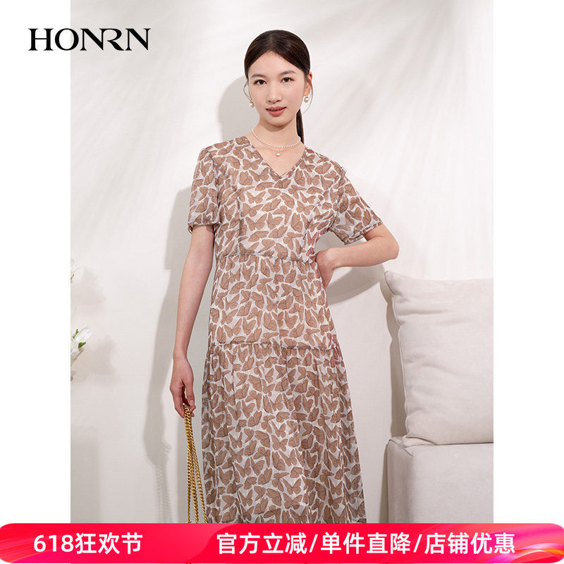 HONRN/红人休闲v领印花短袖显瘦a字连衣裙中长裙女夏HI22OL692