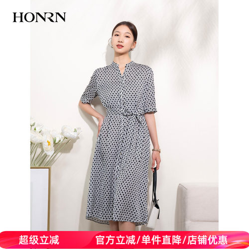 HONRN/红人短袖系带收腰连衣裙