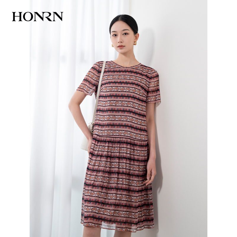 HONRN/红人圆领小众设计感宽松遮肚子显瘦连衣裙女夏季HH22OL774