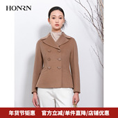 HONRN 红人短款 双排扣收腰双面羊毛呢子大衣外套女秋冬HI55OD878