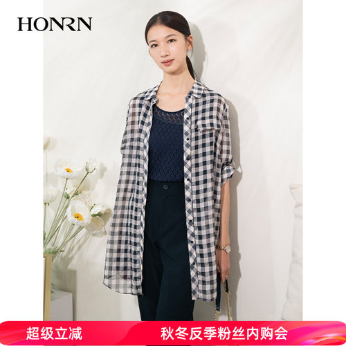 HONRN/红人宽松休闲格子衬衫上衣
