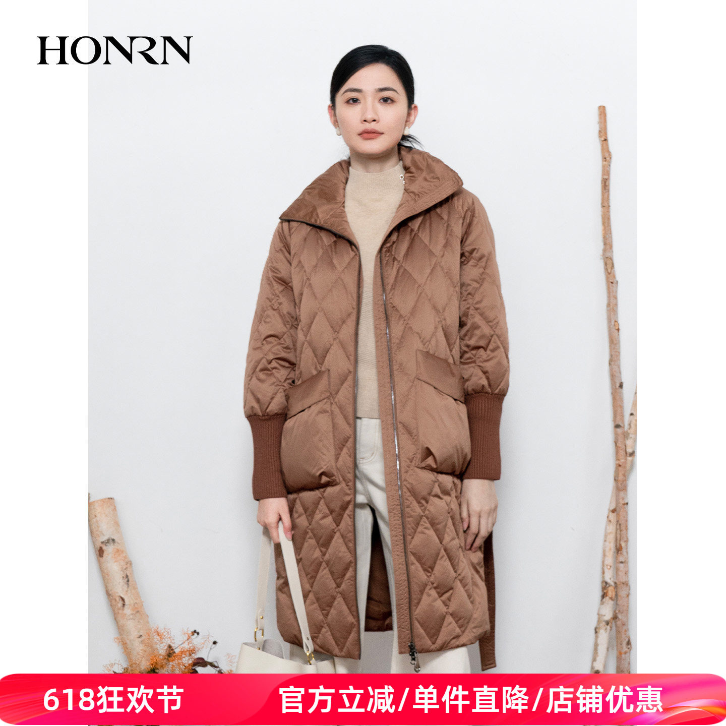 HONRN/红人宽松立领系带白鹅绒羽绒服外套女中长款冬季HI55YR458