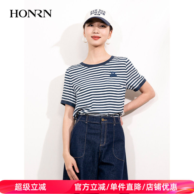 HONRN/红人宽松显瘦桑蚕丝混纺条纹圆领短袖女t恤上衣夏HI22SY786