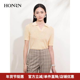 HONRN/红人桑蚕丝真丝棉混纺短袖polo针织衫上衣女夏季HI22OM115