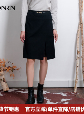 HONRN/红人修身黑色羊毛棉混纺毛呢直筒半身裙女秋冬HI55OQ567