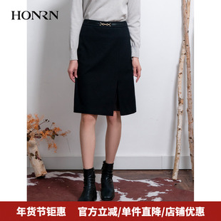 HONRN/红人修身黑色羊毛棉混纺毛呢直筒半身裙女秋冬HI55OQ567