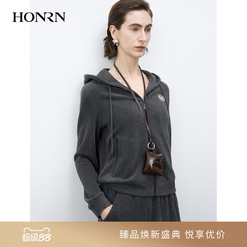 红人通勤德绒连帽拉链刺绣女外套