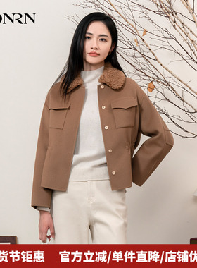 HONRN/红人可拆卸骆驼绒毛领羊毛呢子大衣外套女秋冬款HI55OD861