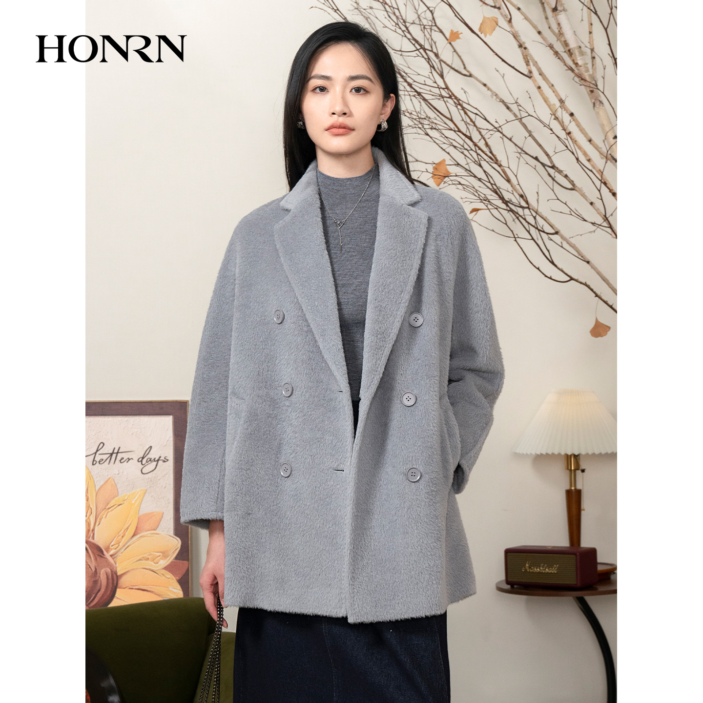 HONRN/红人羊驼毛羊毛呢大衣外套