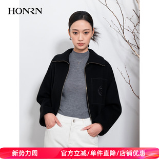 HONRN 外套女秋冬HI55OS040 红人休闲翻领山羊绒绵羊毛呢子短款