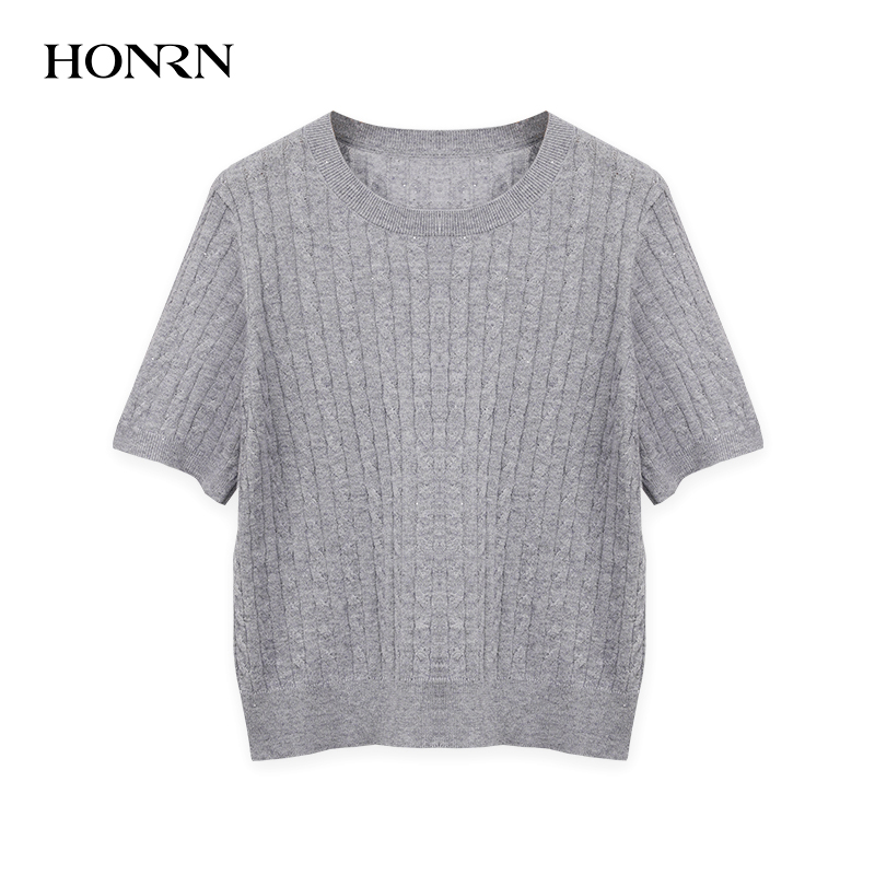 HONRN/红人薄款宽松显瘦圆领套头短袖针织衫上衣女夏HK29OM015