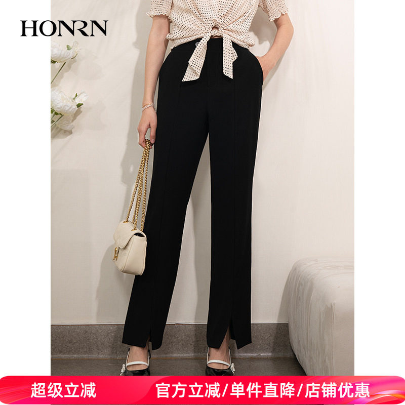 HONRN/红人黑色开叉直筒阔腿微喇休闲裤垂坠感女夏薄款HI22OK206