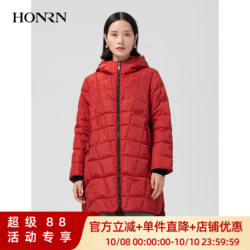 HONRN/红人中长款连帽羽绒服外套