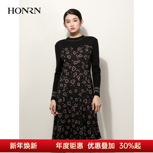 HONRN 显瘦羊毛针织a字连衣裙女秋冬HG55OL518 红人黑色圆领修身