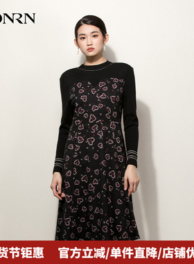 HONRN/红人黑色圆领修身显瘦羊毛针织a字连衣裙女秋冬HG55OL518