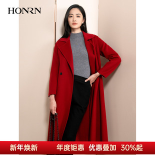 HONRN 红人系带收腰双面山羊绒羊毛呢子大衣外套女秋冬HI55OD881