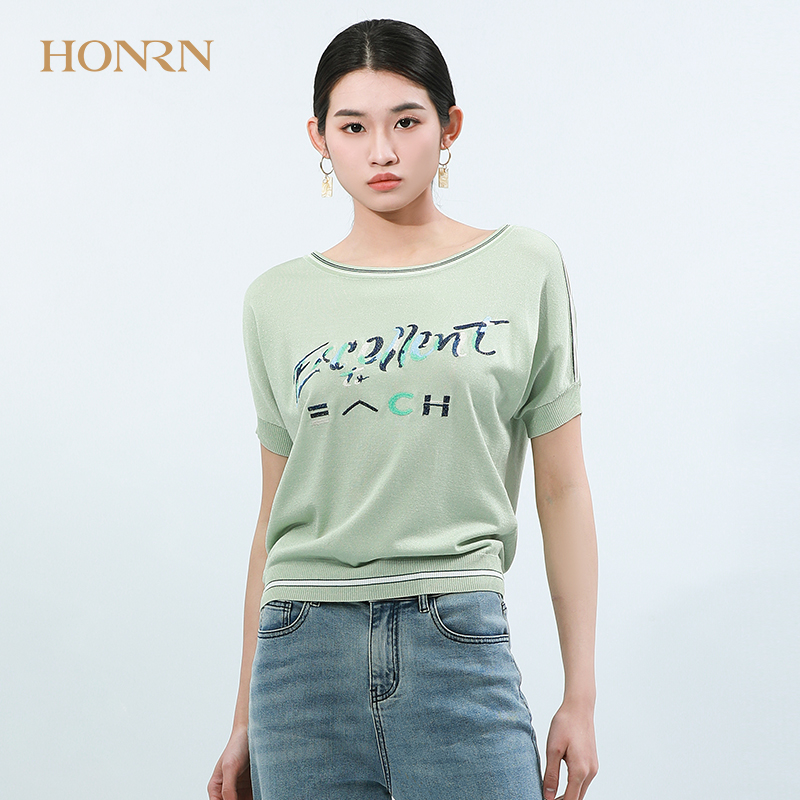 HONRN/红人休闲宽松绿色薄款短袖圆领套头针织衫t恤上衣女夏季