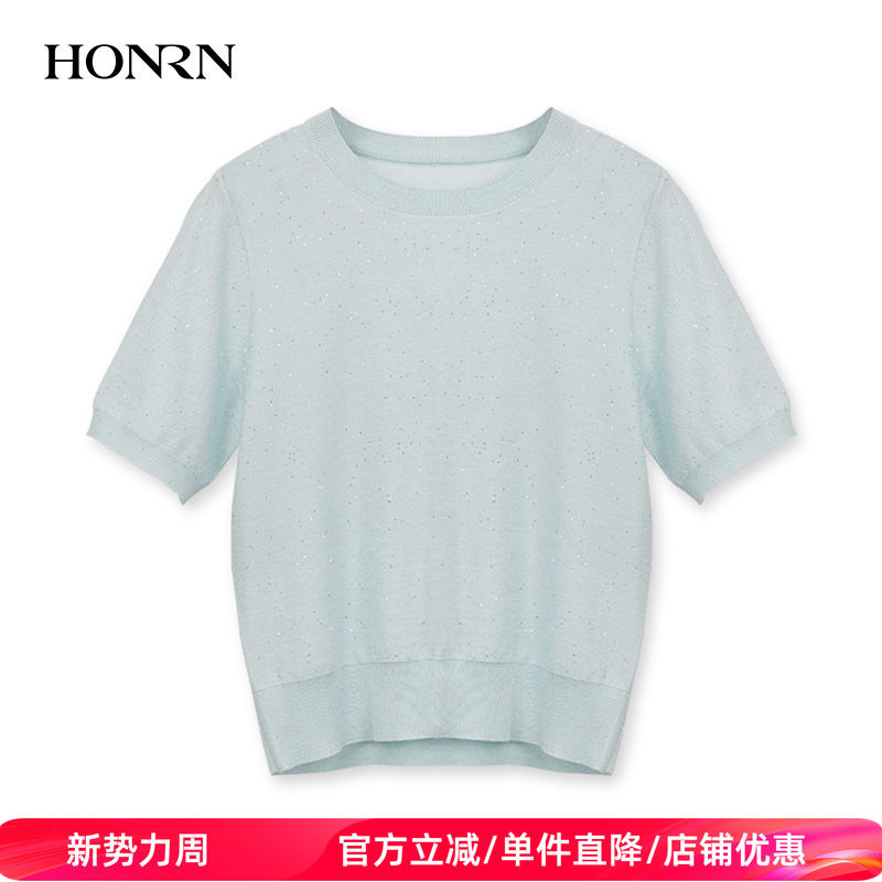 HONRN/红人宽松显瘦短袖薄款圆领套头针织衫上衣女夏HK29OM014