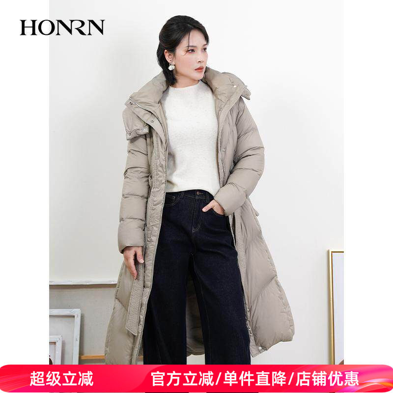 HONRN/红人轻薄长款系带收腰连帽鸭绒羽绒服女款冬季HJ59YR249