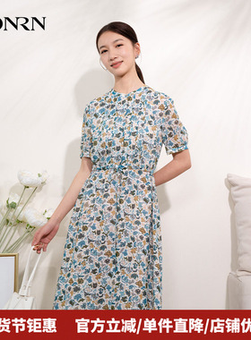 HONRN/红人薄款系带收腰印花短袖桑蚕丝真丝连衣裙女夏HI22OL498