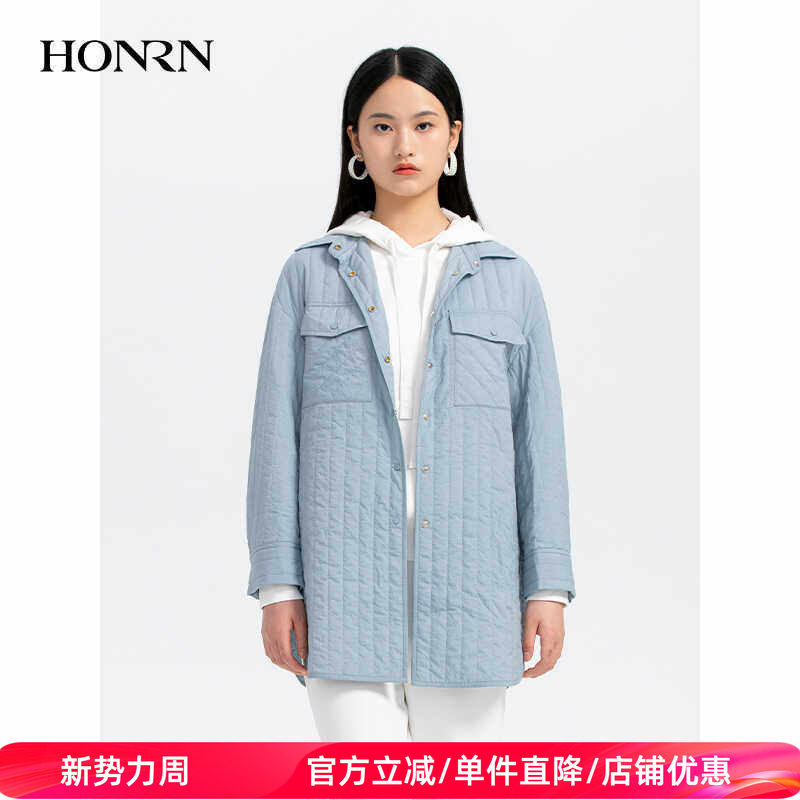 HONRN/红人休闲显瘦长袖薄棉衣棉服外套女春秋中长款HH33MA357