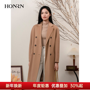 HONRN 山羊绒羊毛呢子大衣外套女秋冬HI55OD860 红人双排扣中长款