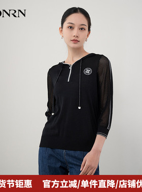 HONRN/红人黑色修身长袖带帽连帽镂空针织衫上衣女春秋HH11OM669