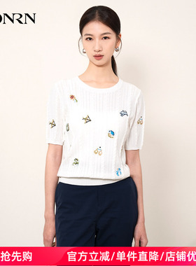 HONRN/红人白色条纹提花短袖圆领棉针织衫上衣女春秋HI11OM531