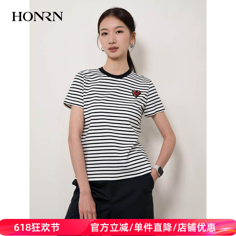 HONRN/红人黑白撞色条纹短袖圆领正肩纯棉t恤上衣女春秋HI11SY219