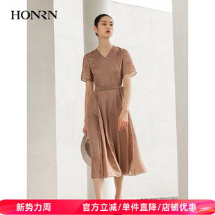收腰遮肚子显瘦a字连衣裙女夏HH22OL700 修身 HONRN 红人v领短袖