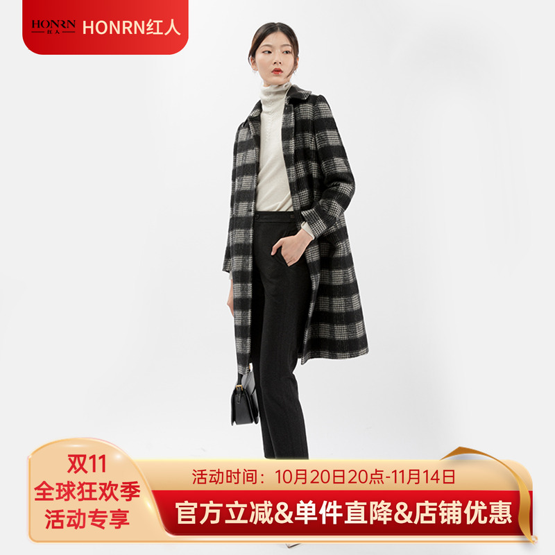 复古方领羊毛千鸟格纹呢子大衣