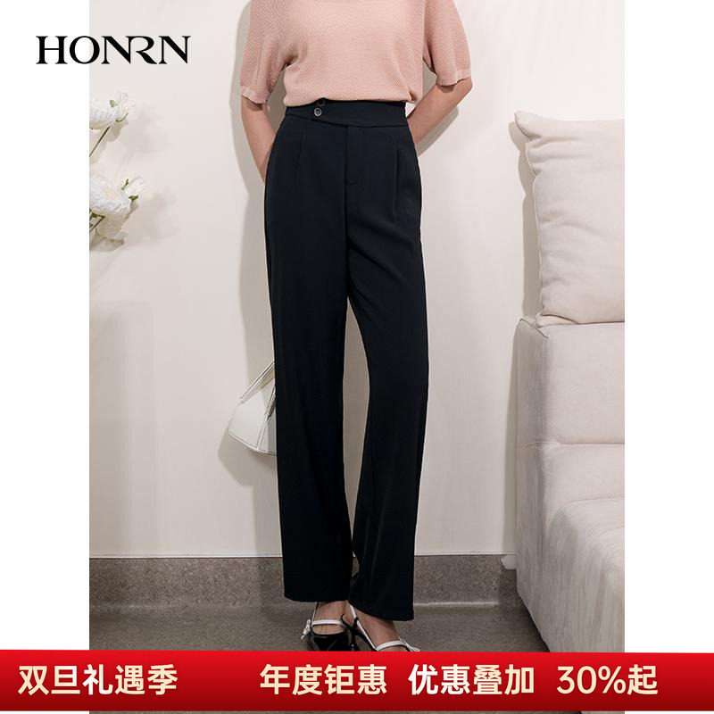 HONRN/红人黑色宽松阔腿直筒西装裤休闲裤女夏季长款裤HI22OK208