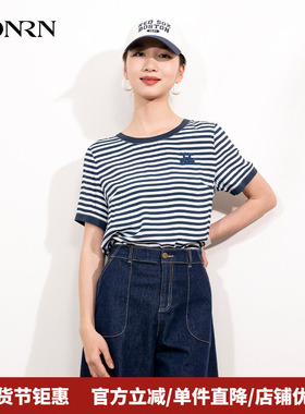 HONRN/红人宽松显瘦桑蚕丝混纺条纹圆领短袖女t恤上衣夏HI22SY786