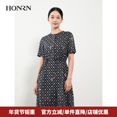 HONRN 红人圆领短袖 印花裙子抽绳收腰显瘦a字连衣裙女夏HH22OL771
