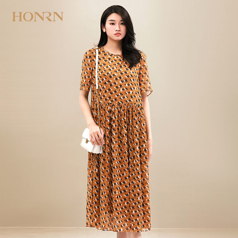 HONRN/红人时尚气质宽松印花裙子短袖遮肚子减龄显瘦连衣裙女夏季