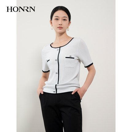 HONRN/红人白色修身打底内搭短袖圆领针织衫上衣女春秋HH11OM680