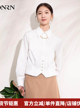 HONRN/红人休闲修身短款长袖设计感棉质白色衬衫女上衣HI11OC654