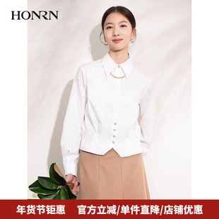 HONRN/红人休闲修身短款长袖设计感棉质白色衬衫女上衣HI11OC654