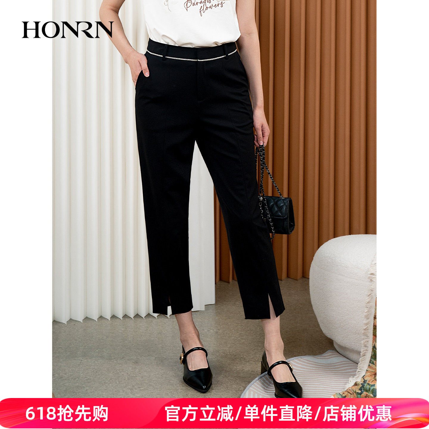 HONRN/红人黑色修身显瘦直筒休闲裤开叉西装裤女春秋HI33OK448