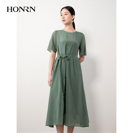 HONRN/红人桑蚕丝棉系带遮肚子收腰显瘦a字连衣裙女夏季HH22OL651