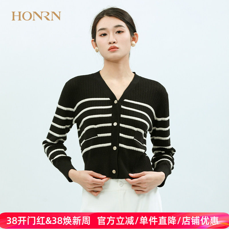 HONRN/红人长袖v领黑白条纹羊毛毛衣针织衫开衫外套上衣女春夏款