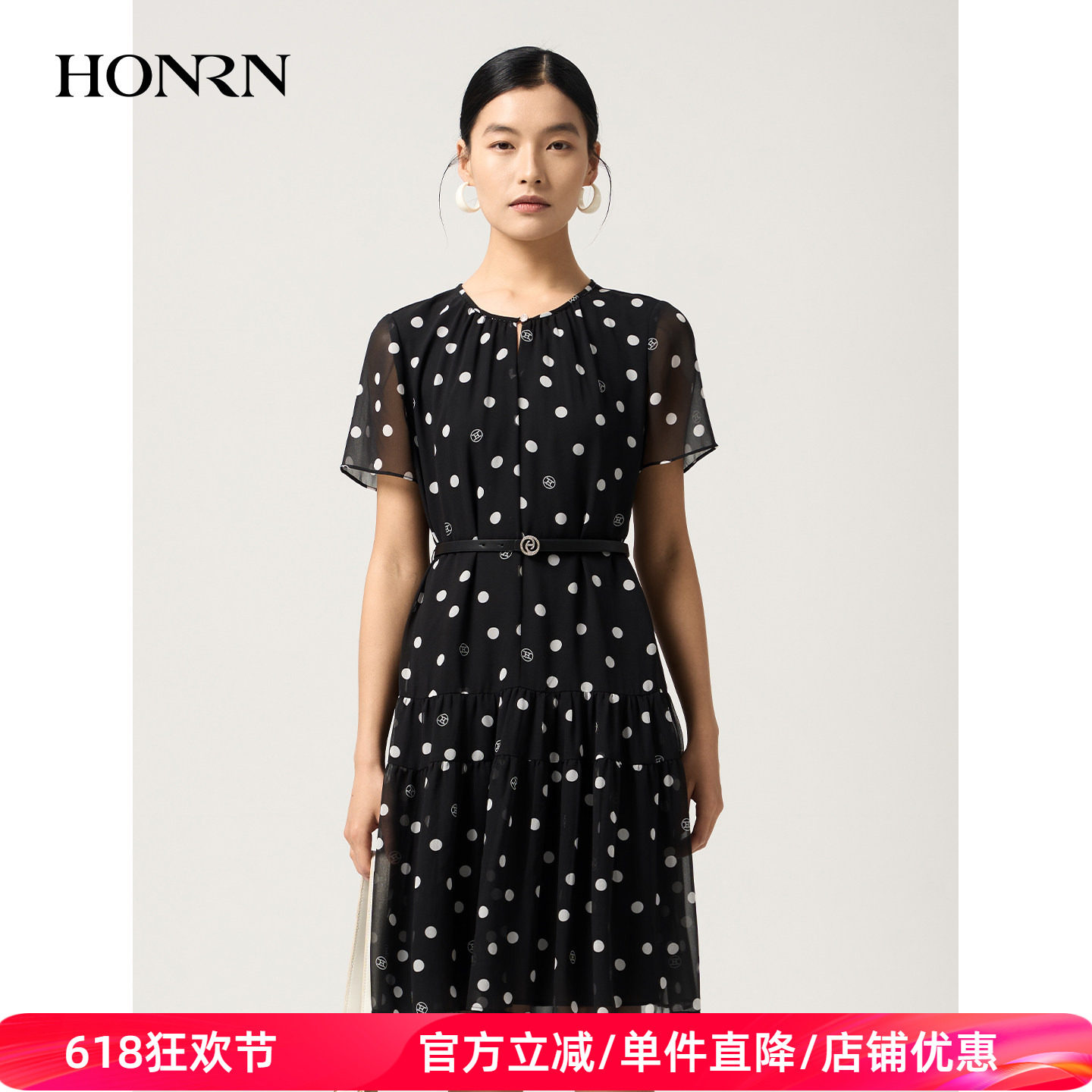 HONRN/红人黑色波点连衣裙女收腰气质度假风短袖蛋糕裙HJ22OL033