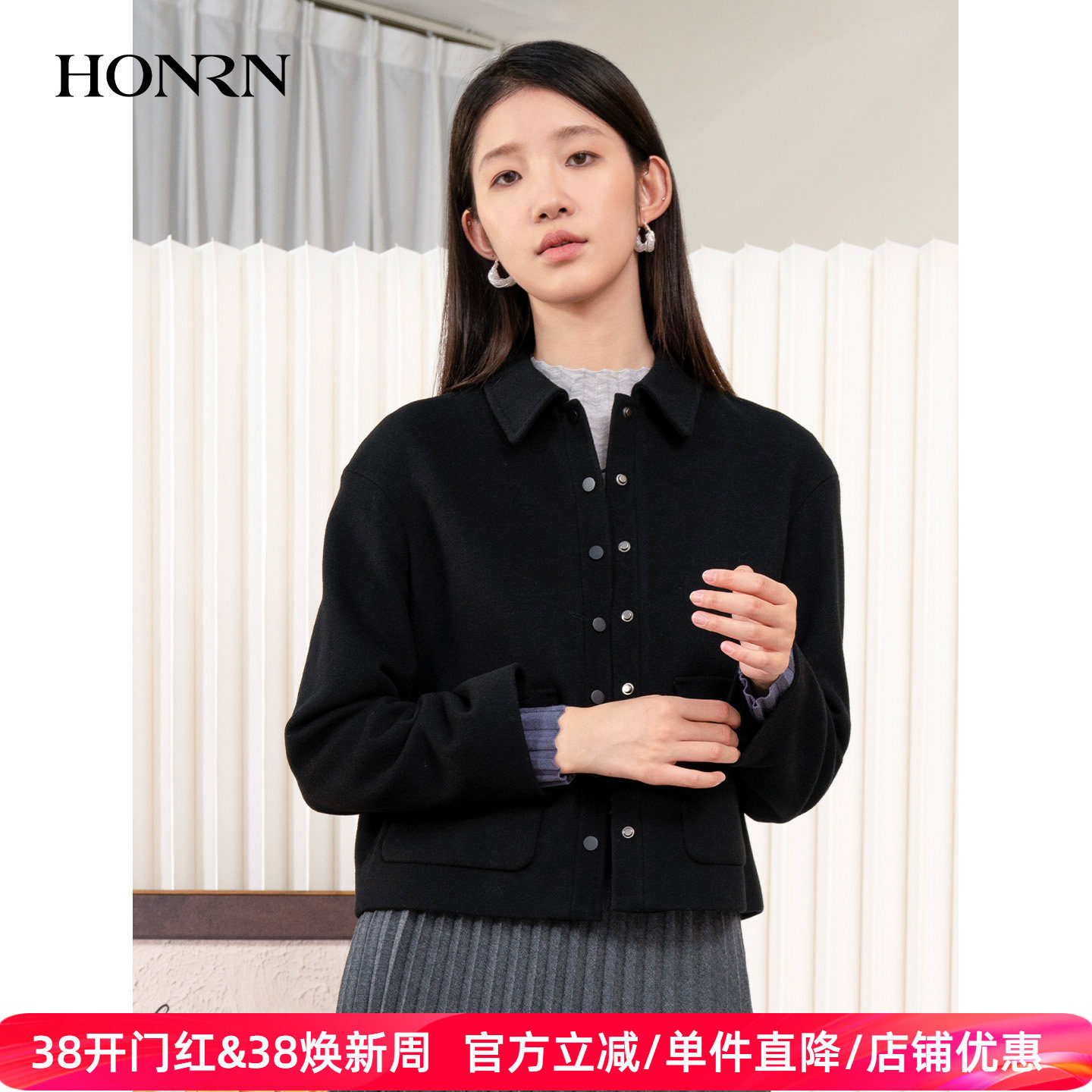 HONRN/红人黑色短款山羊绒羊毛呢子外套上衣女款秋冬HI55OS392