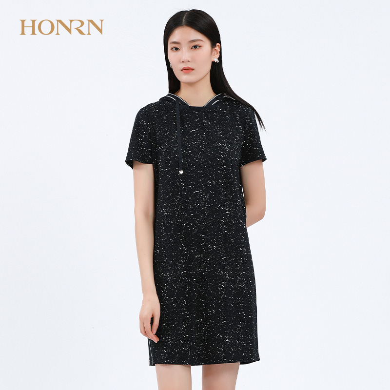 HONRN/红人休闲新款宽松连帽短袖连衣裙女夏季t恤卫衣裙显瘦裙子