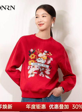 HONRN/红人宽松红色短款无帽圆领套头卫衣上衣女春秋款HI11SY203