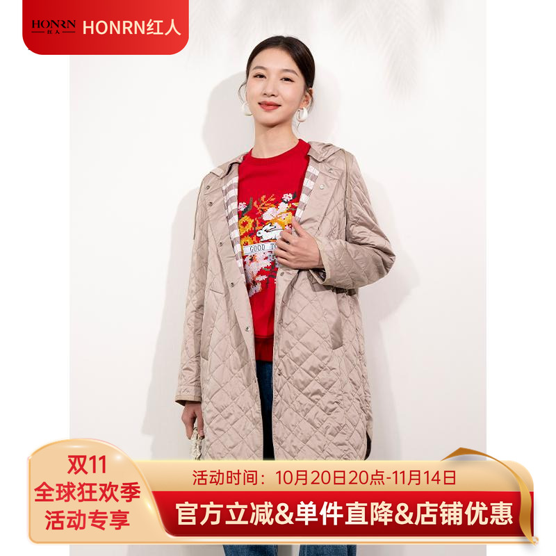 HONRN/红人中长款连帽夹棉外套